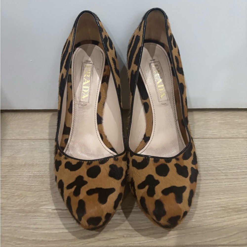 Prada Tan and Black Leopard Print Heels